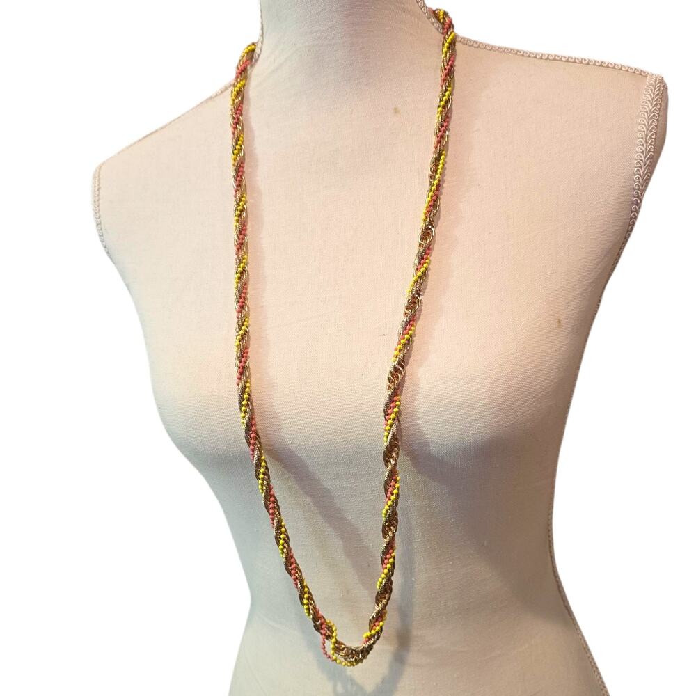 Vintage Necklace Braided Seed Bead Chain Gold Tone UV Glow Adjust 34" SKU2320